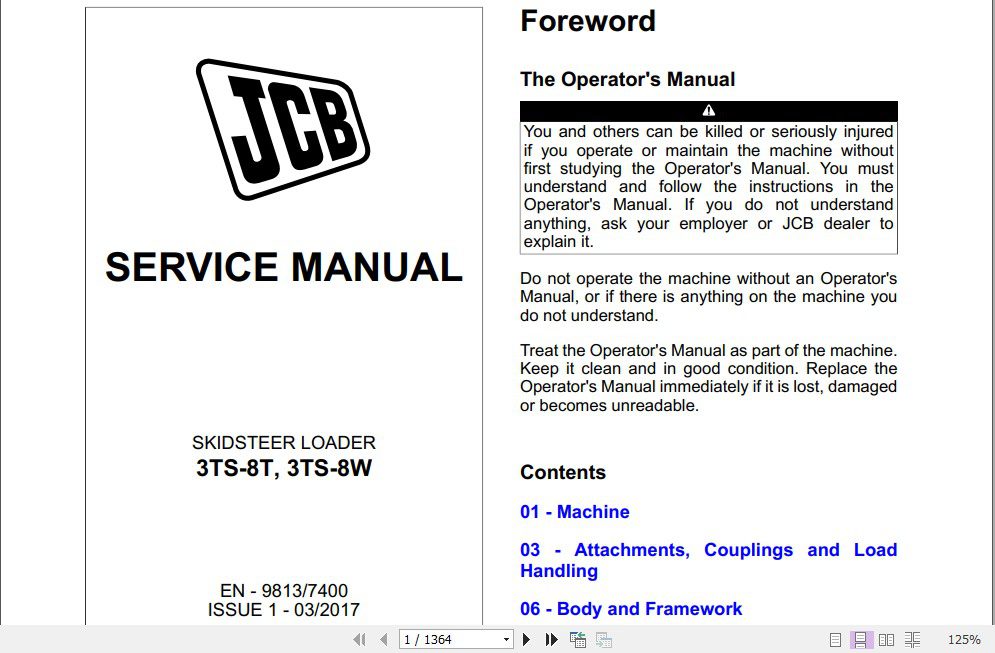 JCB Mobile Platform SkidSteer Loader 3TS 8T 3TS 8W Sevice Manual 1