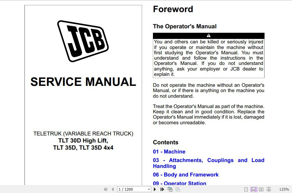 JCB Tele Truck 300 HL TLT 350 TLT 35D 4x4 Sevice Manual 1