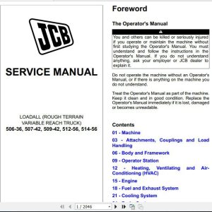 JCB Tele Truck 506 36 507 42 509 42 512 56 514 56 T4i and T4F 55kw Sevice Manual 1