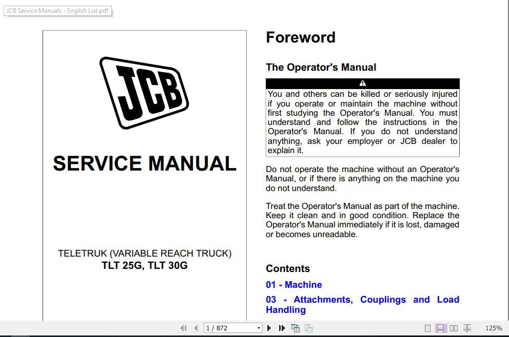 JCB Tele Truck TLT25G TLT 30G Sevice Manual 1