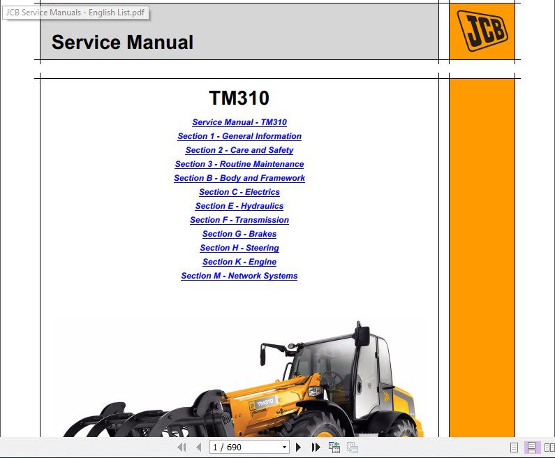 JCB Tele Truck TM310 Tier 3 Sevice Manual 1