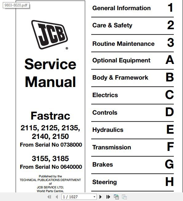 JCB Tractor 2115 2125 2135 2140 2150 3155 3185 Fastrac Sevice Manual 1