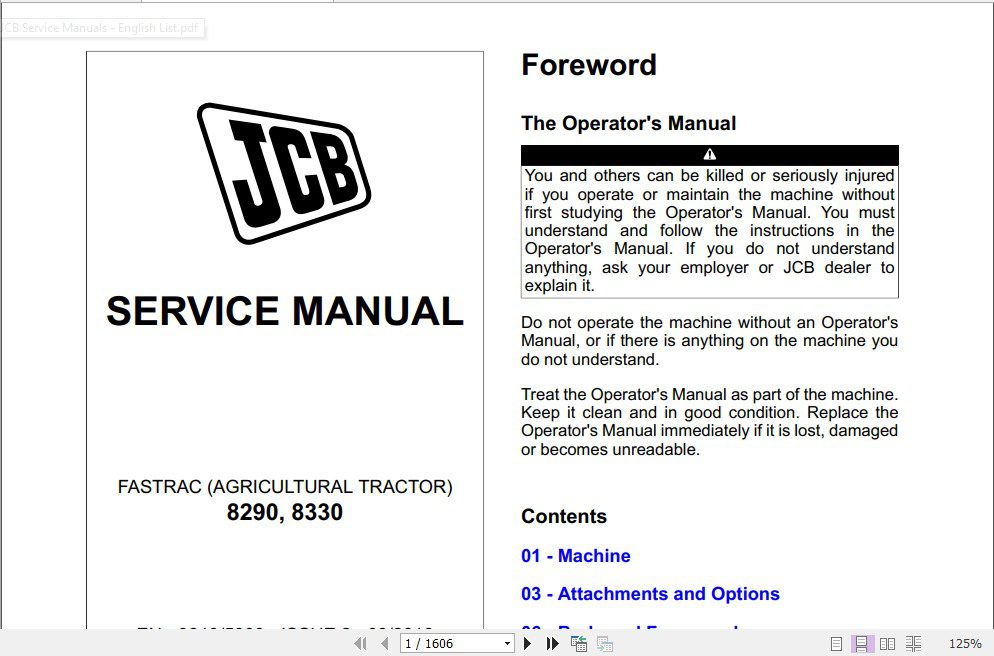 JCB Tractor Fastrac 8290 and 8330 Sevice Manual 1