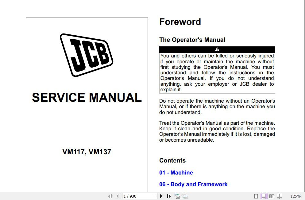 JCB Vibromax Roller VM117 VM137 TierII Sevice Manual 1