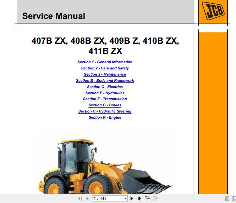 JCB Wheeled Loader 407BZX 4088 ZX 409B Z 410B ZX 411B ZX Sevice Manual 1