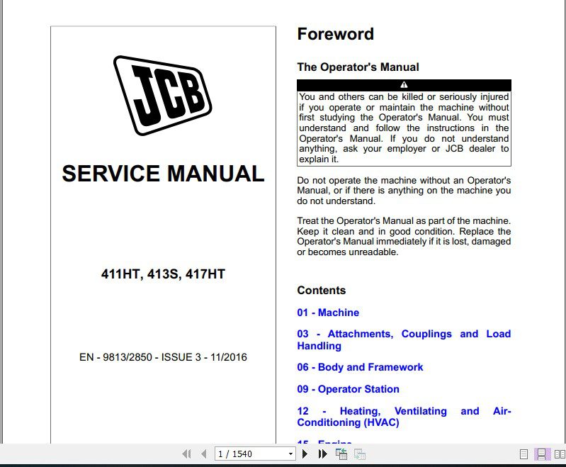 JCB Wheeled Loader 411 4135 417 Tier 4i Sevice Manual 1