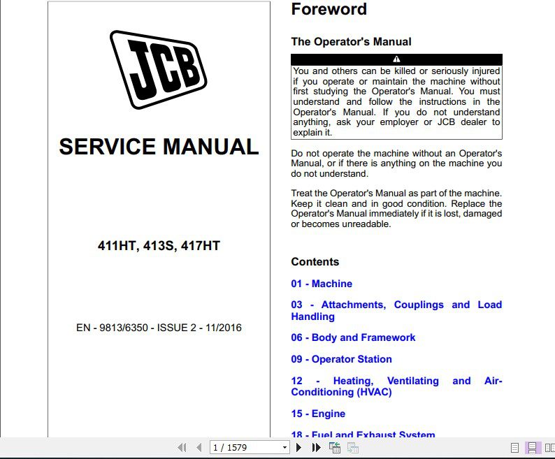 JCB Wheeled Loader 411HT 413S 417HT T4F Sevice Manual 1