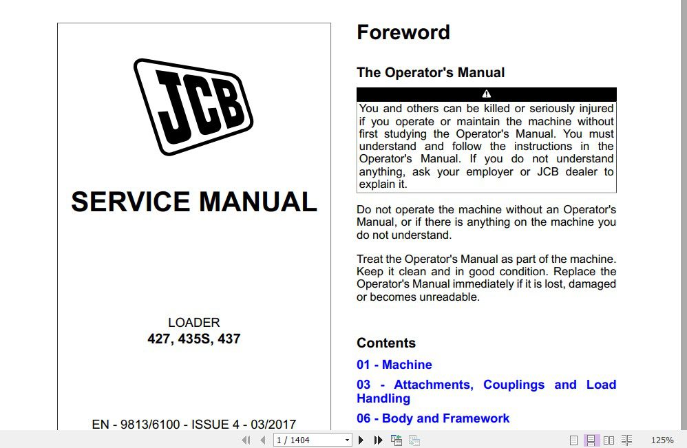JCB Wheeled Loader 427 435S 437 Tier 4 Final Sevice Manual 1