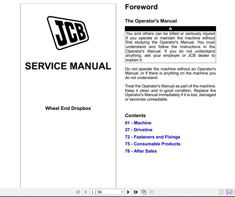 JCB Wheeled Loader Wheel End Dropbox Sevice Manual 1