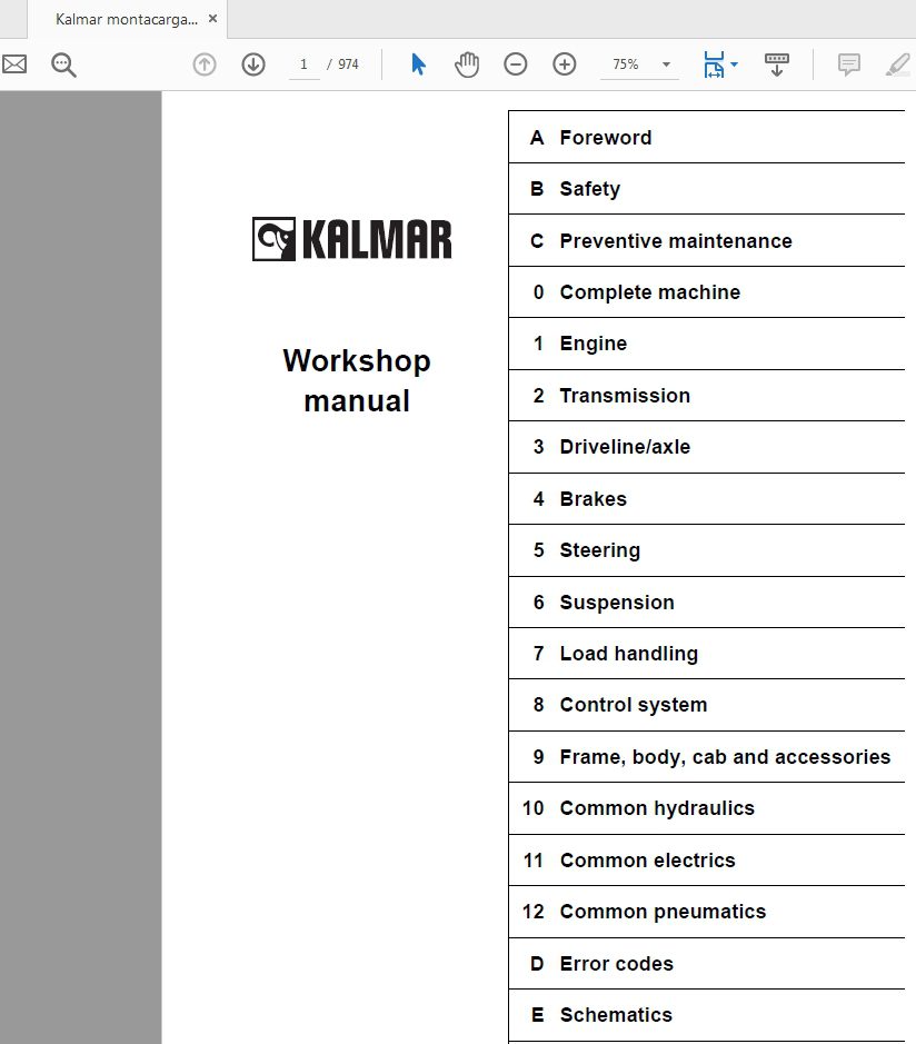 Kalmar Montacargas DCE 90–180 DCE 70 32E3–70 35E4 2006 Workshop Manual VDCE10.03GB 1