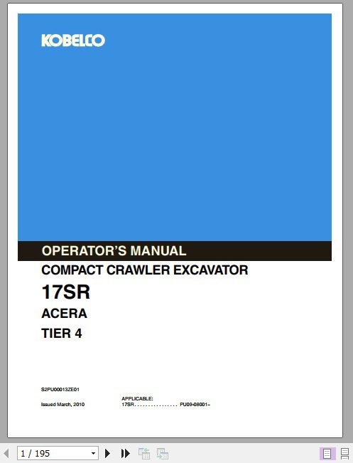 Kobelco Crawler Excavator 17SR Acera Tier 4 Operators Manual 1