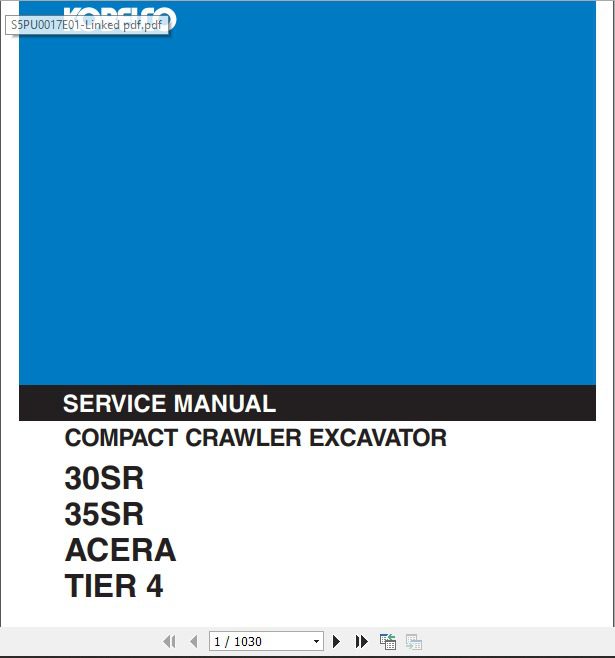 Kobelco Crawler Excavator 30 35SR Acera Tier 4 Compact Service Manual 1