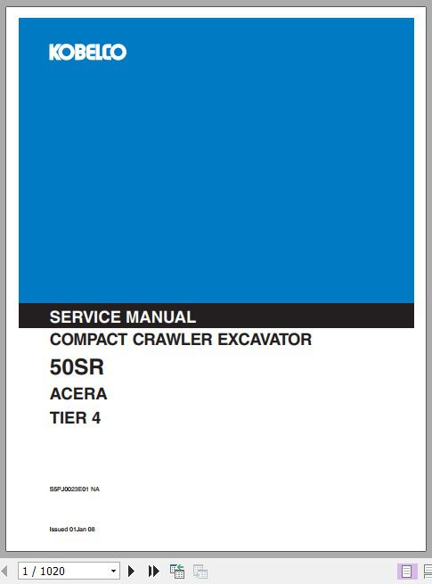 Kobelco Crawler Excavator 50SR Acera Tier 4 Compact Service Manual 1