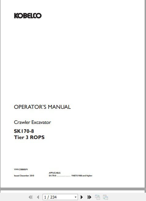 Kobelco Crawler Excavator SK170 8 Tier 3 ROPS Operators Manual 1
