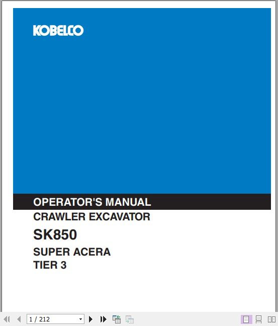 Kobelco Crawler Excavator SK850 Super Acera Tier 3 Operators Manual 1