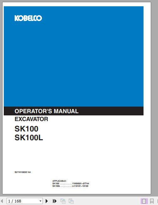 Kobelco Excavator SK100 SK100L Operators Manual 1