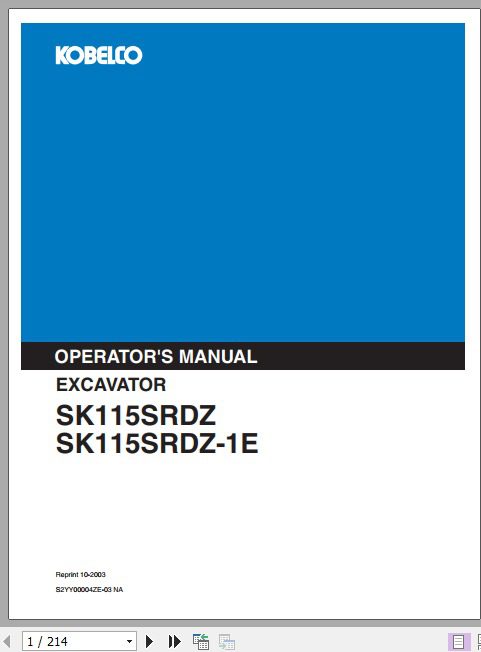 Kobelco Excavator SK115SRDZ SK115SRDZ 1E Operators Manual 1