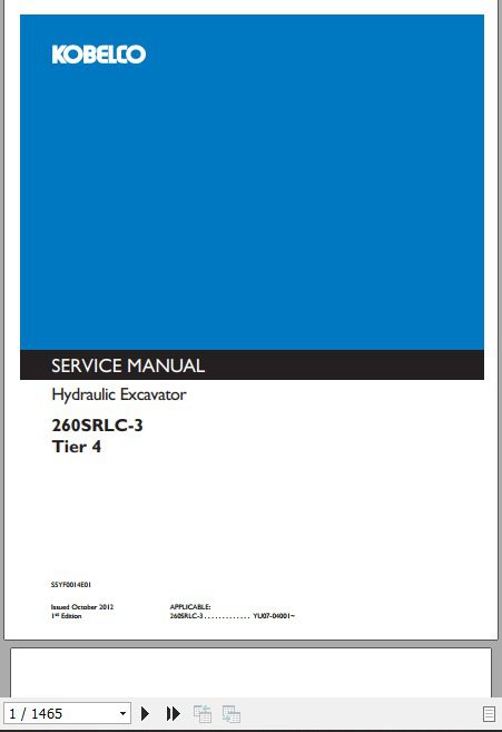 Kobelco Hdraulic Excavator 260SRLC 3 Tier 4 Service Manual 1