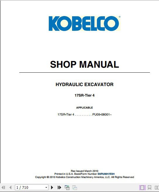 Kobelco Hydraulic Excavator 17SR Tier 4 Shop Manual 1