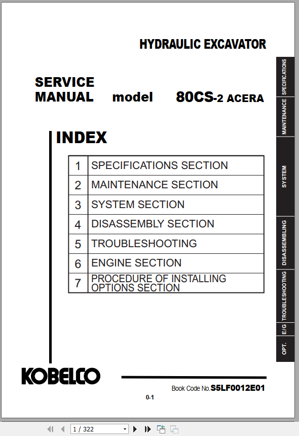 Kobelco Hydraulic Excavator 80CS 2 Acera Service Manual 1