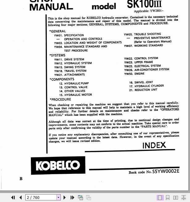 Kobelco Hydraulic Excavator SK100 III Service Manual 2