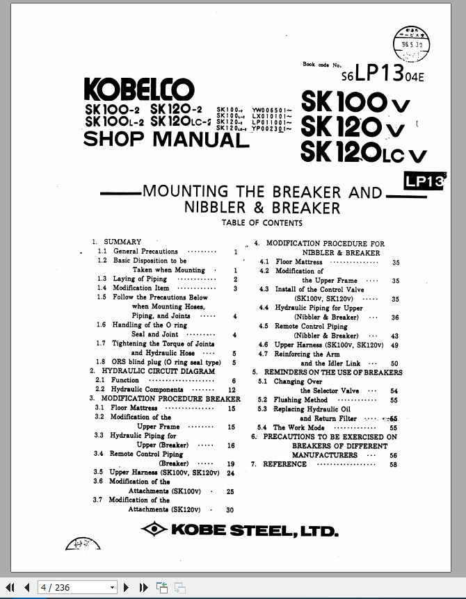 Kobelco Hydraulic Excavator SK100 V SK120 V SK120LC V Mounting the Breaker and Nibbler Breaker Service Manual 2