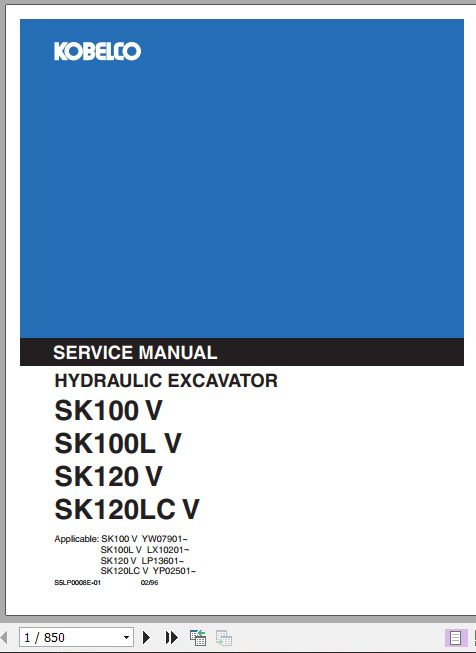 Kobelco Hydraulic Excavator SK100V SK100LV SK120V SK120LCV Service Manual 1