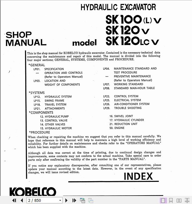 Kobelco Hydraulic Excavator SK100V SK100LV SK120V SK120LCV Service Manual 2