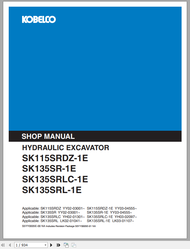 Kobelco Hydraulic Excavator SK115SRDZ 1E SK135SR 1E SK135SRLC 1E SK135SRL 1E Shop Manual 1