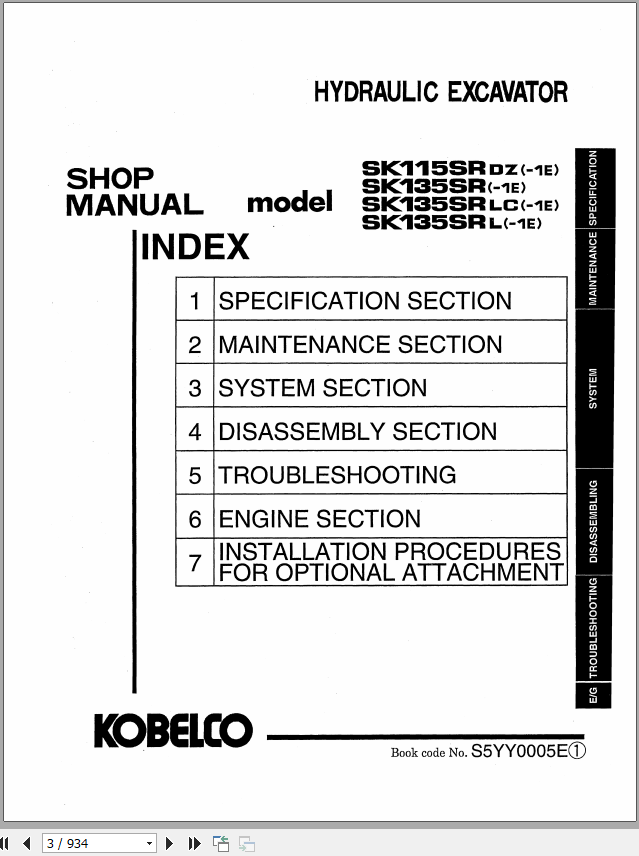Kobelco Hydraulic Excavator SK115SRDZ 1E SK135SR 1E SK135SRLC 1E SK135SRL 1E Shop Manual 2