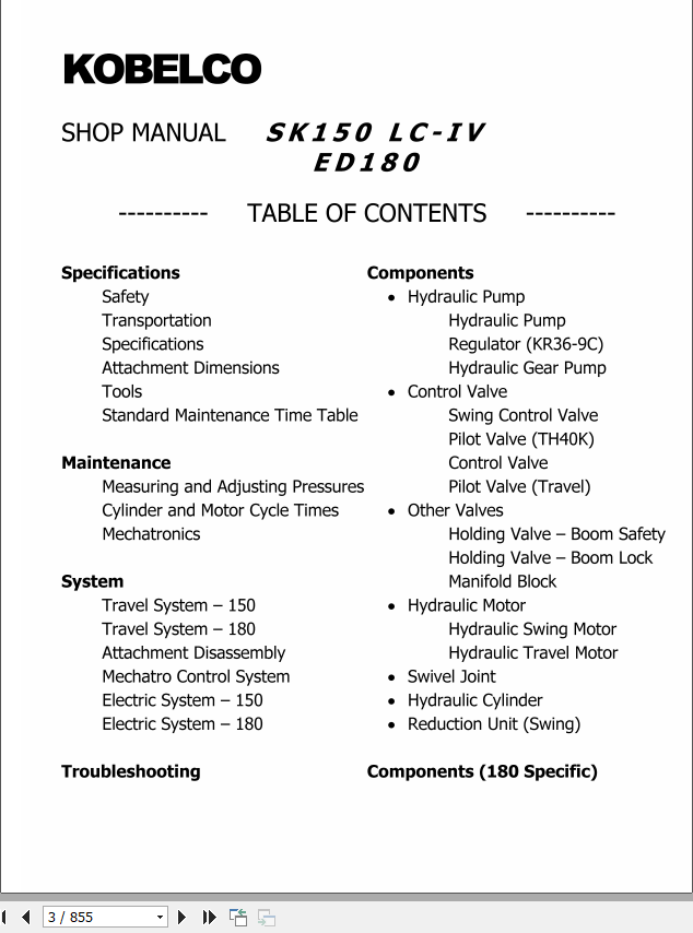 Kobelco Hydraulic Excavator SK150LCIV ED180LC Shop Manual 2