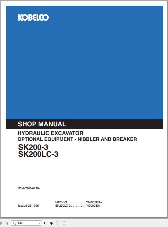Kobelco Hydraulic Excavator SK200 3 SK200LC 3 Nibbler Breaker Shop Manual 1