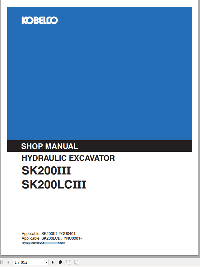 Kobelco Hydraulic Excavator SK200 III SK200LC III Shop Manual 1