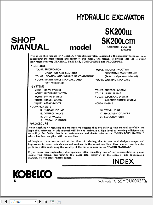 Kobelco Hydraulic Excavator SK200 III SK200LC III Shop Manual 2