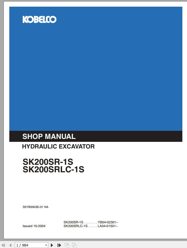 Kobelco Hydraulic Excavator SK200SR 1S SK200SRLC 1S I Service Manual 1