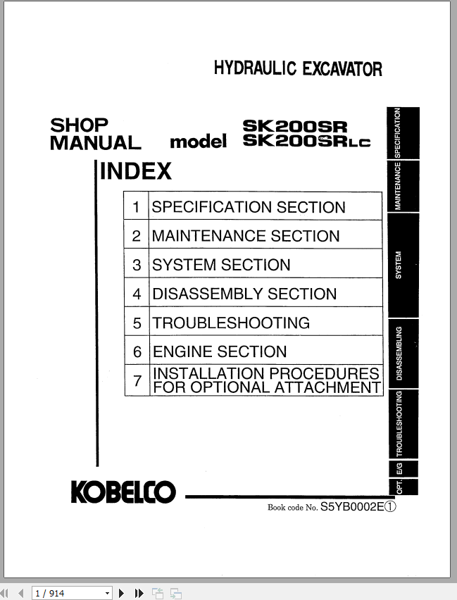 Kobelco Hydraulic Excavator SK200SR SK200SRLC Shop Manual 1
