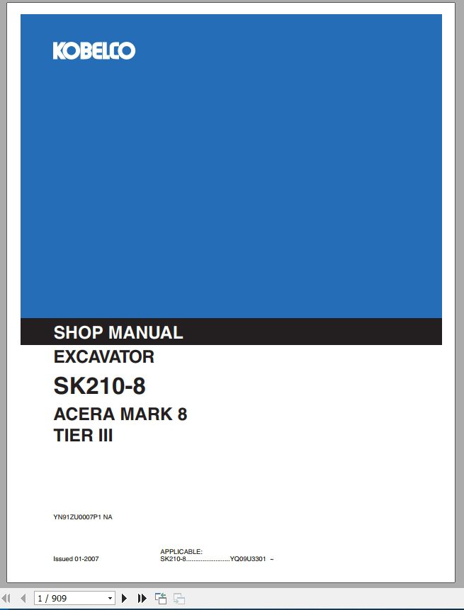 Kobelco Hydraulic Excavator SK210 8 Acera Mark 8 Tier II Service Manual 1