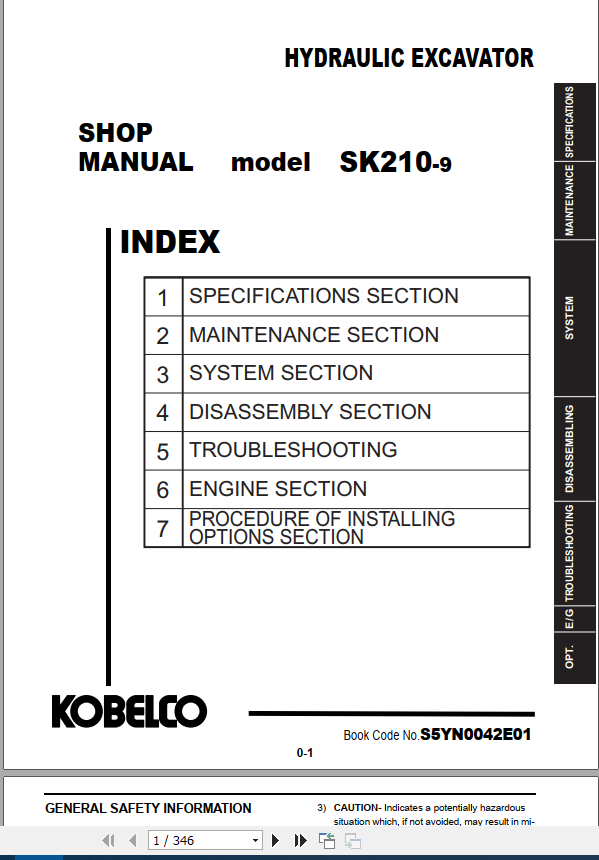 Kobelco Hydraulic Excavator SK210 9 IV Shop Manual 1