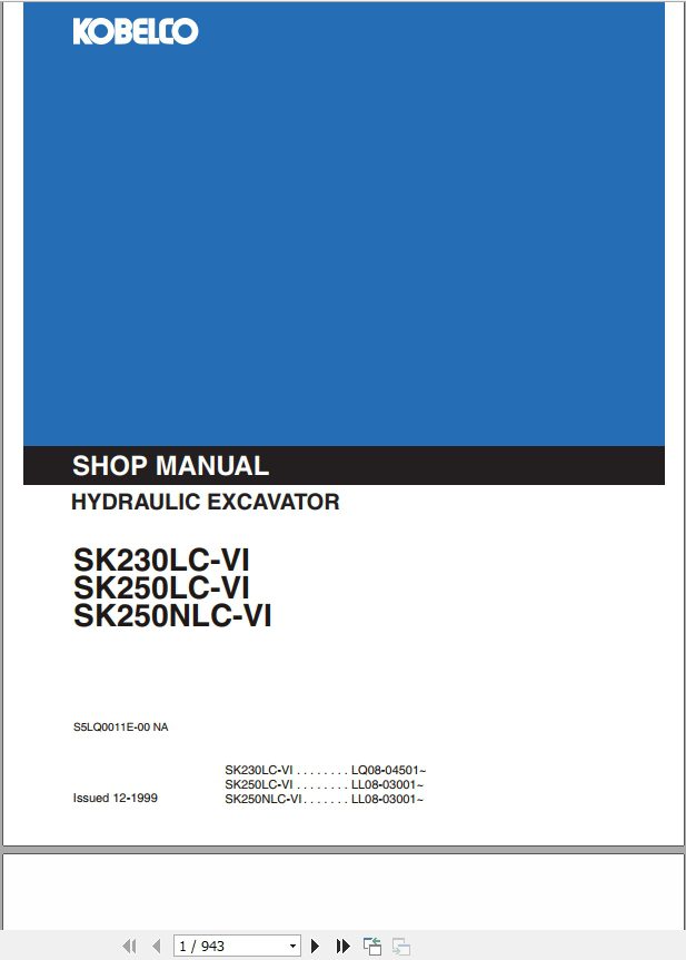 Kobelco Hydraulic Excavator SK230LC VI SK250LC VI SK250NLC VI Shop Manual