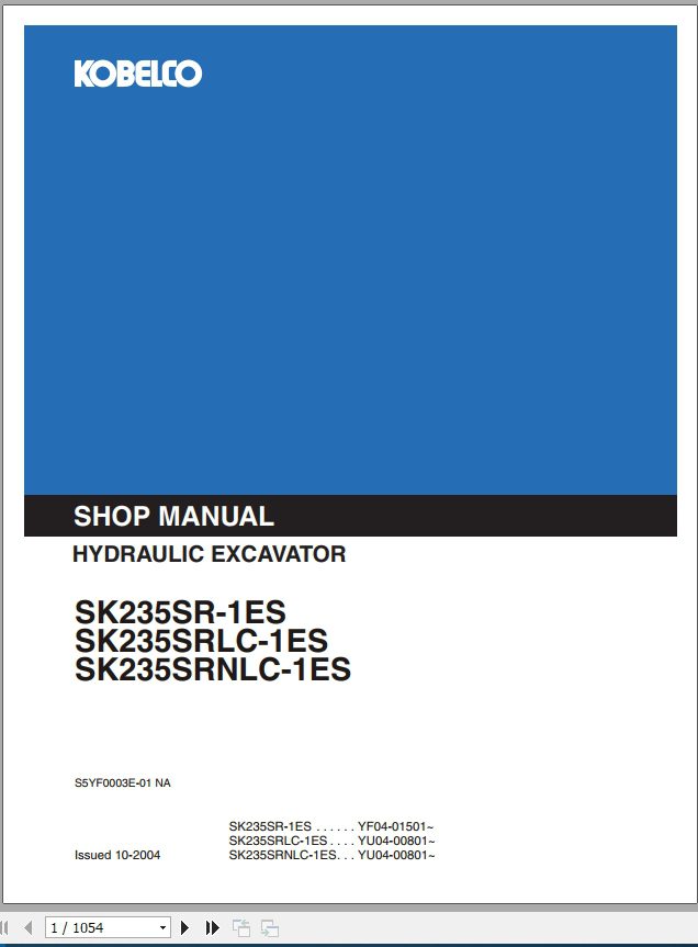Kobelco Hydraulic Excavator SK235SR 1ES SK235SRLC 1ES SK235SRNLC 1ES Shop Manual 1