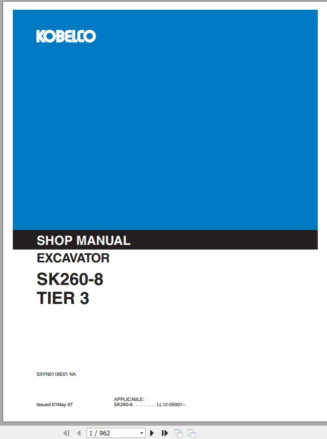 Kobelco Hydraulic Excavator SK260 8 Tier 3 Shop Manual 1