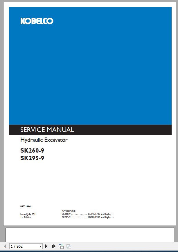 Kobelco Hydraulic Excavator SK260 9 SK295 9 IV Sevice Manual 1