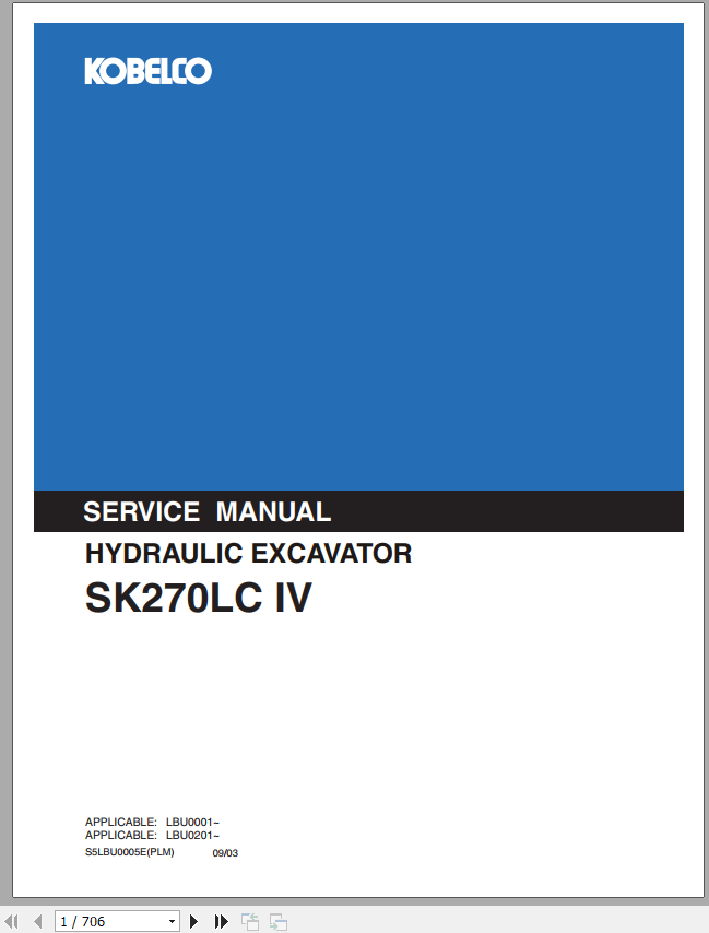 Kobelco Hydraulic Excavator SK270LC IV Shop Manual 1