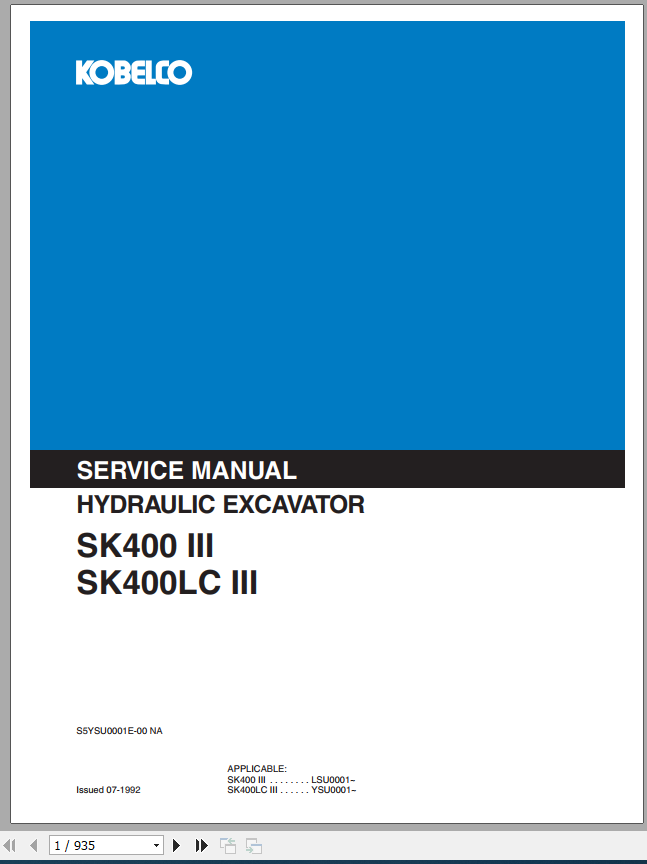 Kobelco Hydraulic Excavator SK400 III SK400LC III Service Manual 1