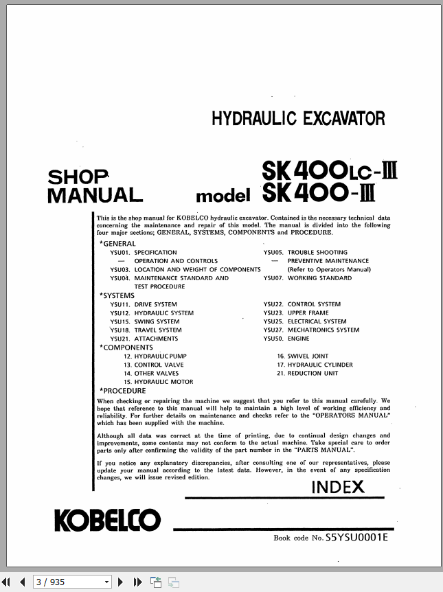 Kobelco Hydraulic Excavator SK400 III SK400LC III Service Manual 2