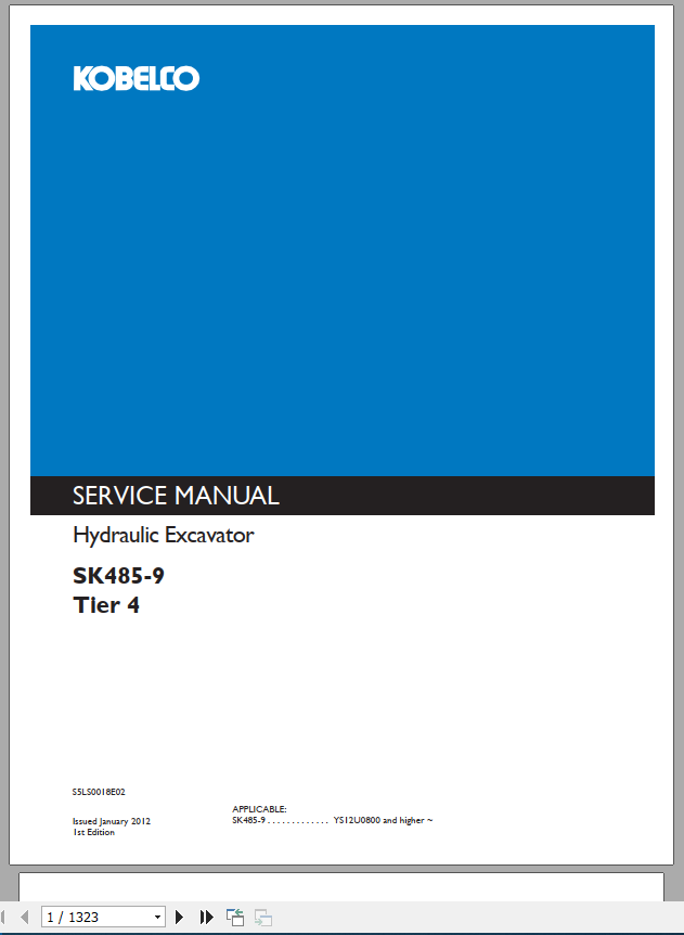 Kobelco Hydraulic Excavator SK485 9 Tier 4 Shop Manual 1