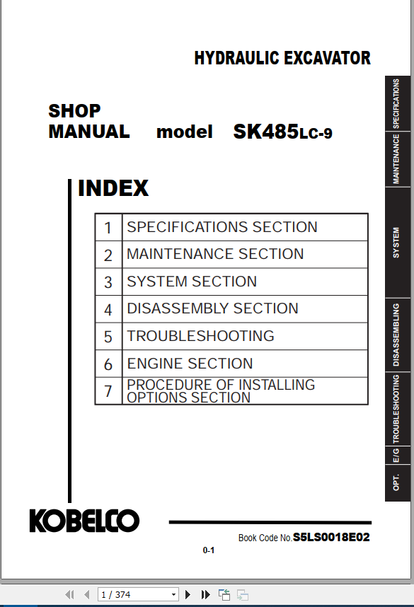 Kobelco Hydraulic Excavator SK485LC 9 Shop Manual 1