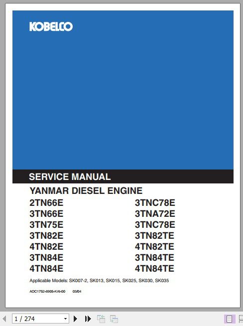 Kobelco Yanmar 2TN 3TN 4TN Diesel Engine Service Manual 1