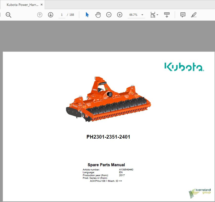 Kubota Power Harrow PH 2301 2351 2401 Parts Manual 1