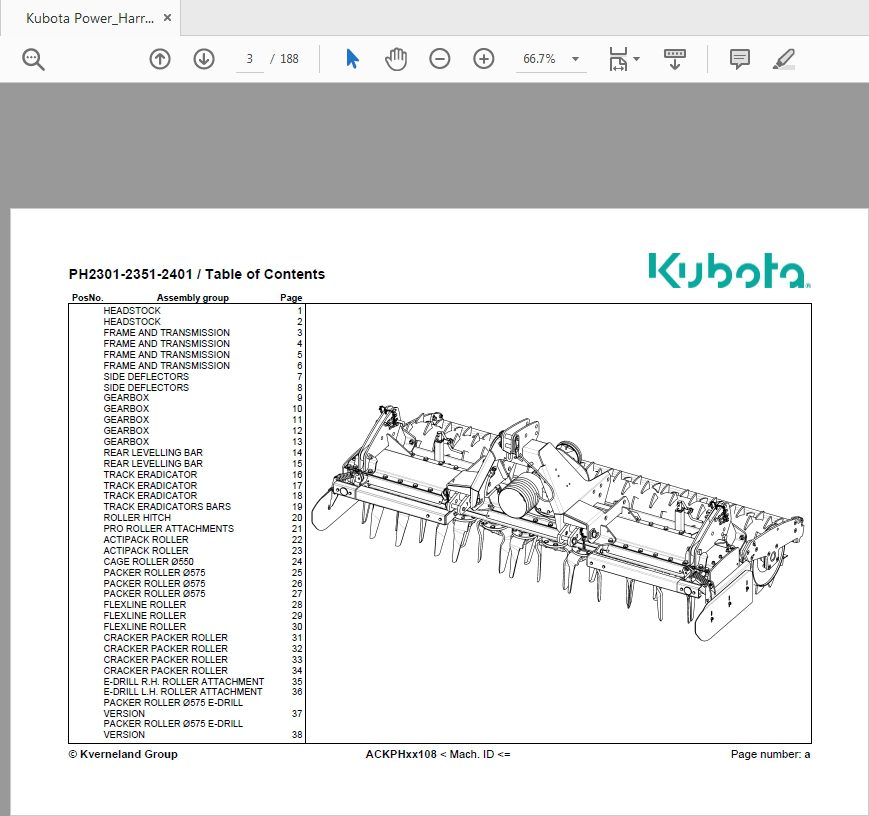 Kubota Power Harrow PH 2301 2351 2401 Parts Manual 2